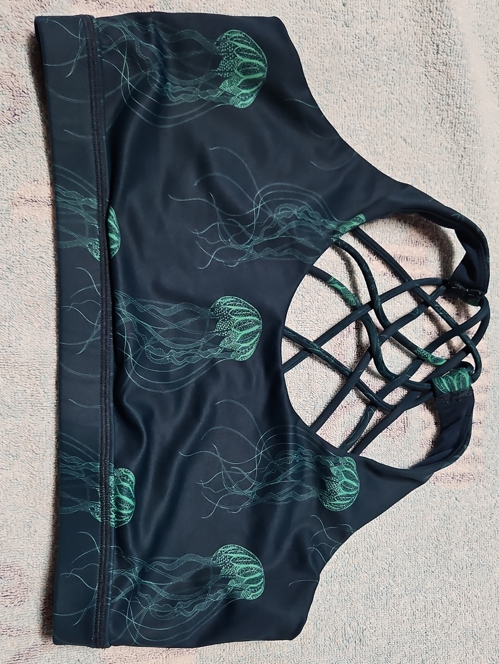 Constantly Varied Gear Black Sports Bra with Teal Jellyfish Print